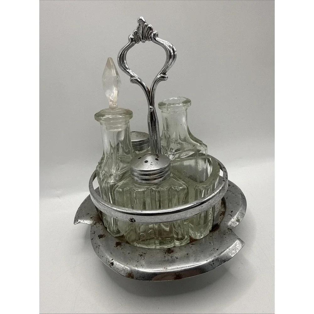Vintage Cruet Condiment Metal & Glass Set Salt/Pepper, Oil, Sugar With Stand